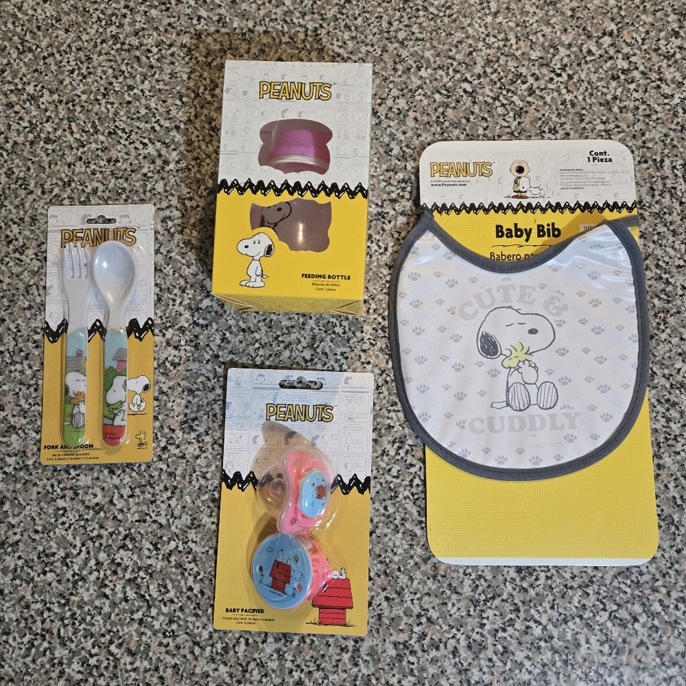 Peanuts Set Of 2: Baby Bottle, Bib, Pacifier Or Flatware